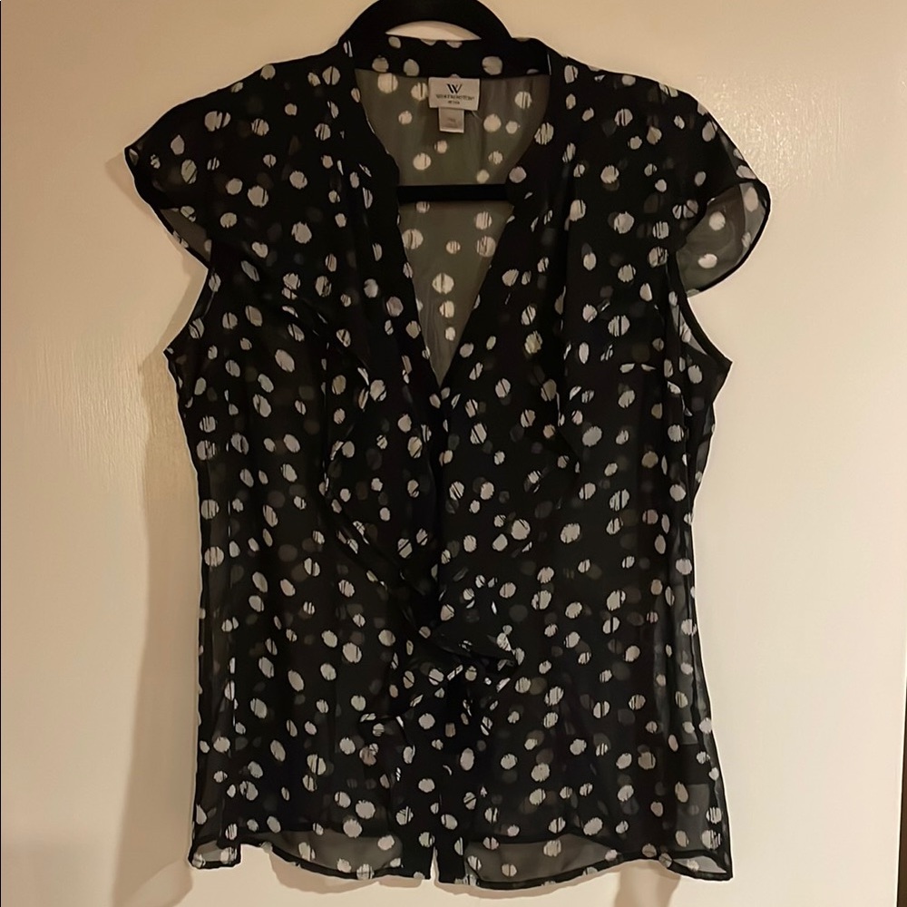 Worthington Black and White Flutter Sleeve Ruffled Blouse
